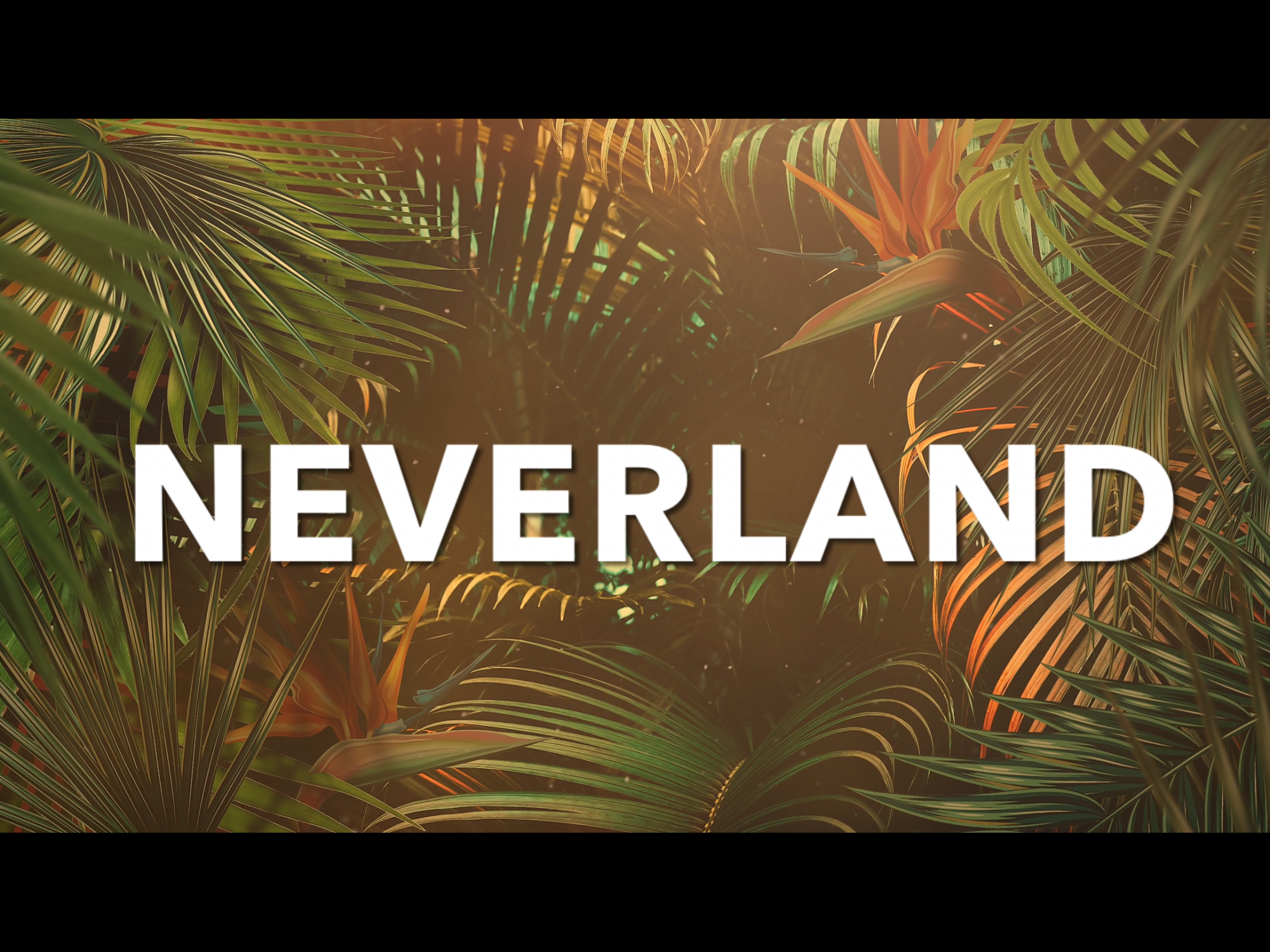 'Neverland' title on a jungle foliage background