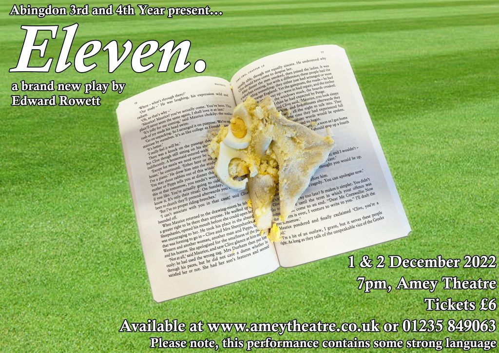 Egg & mayo sandwich squashed into the pages of an open book. In the background is the neatly mown green grass of a cricket wicket. The play title and info is in a white font in the corners.