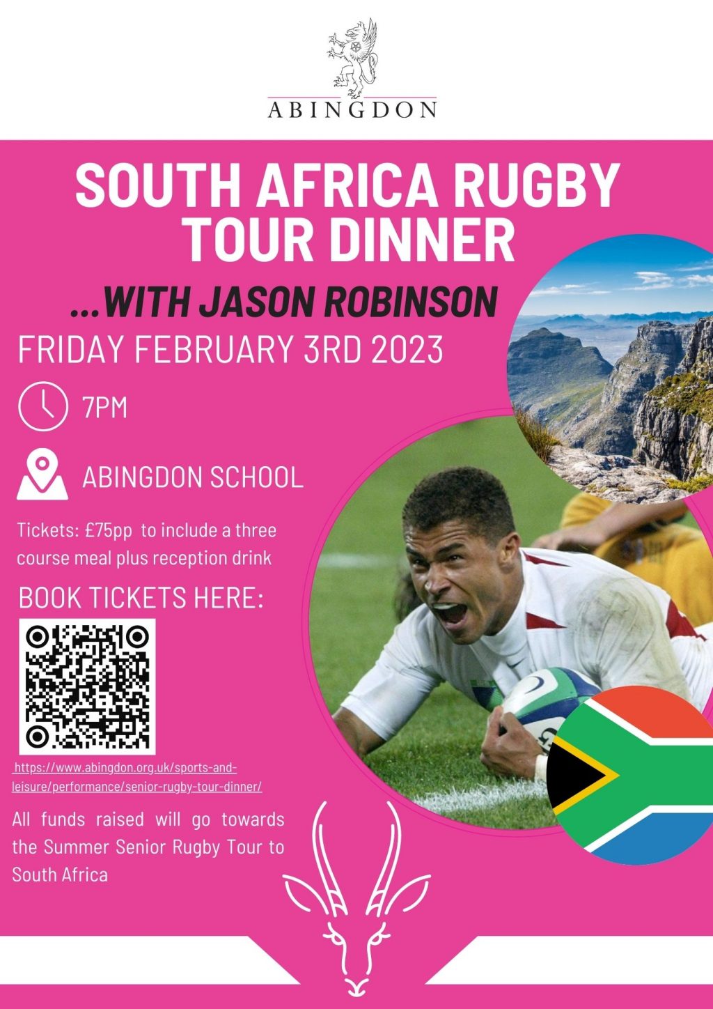 Poster showing details of the rugby dinner including an picture of Jason Robinson