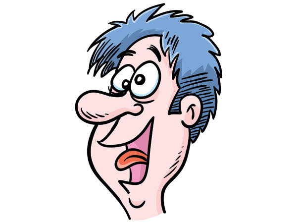 Cartoon face with blue hair and mouth wide open